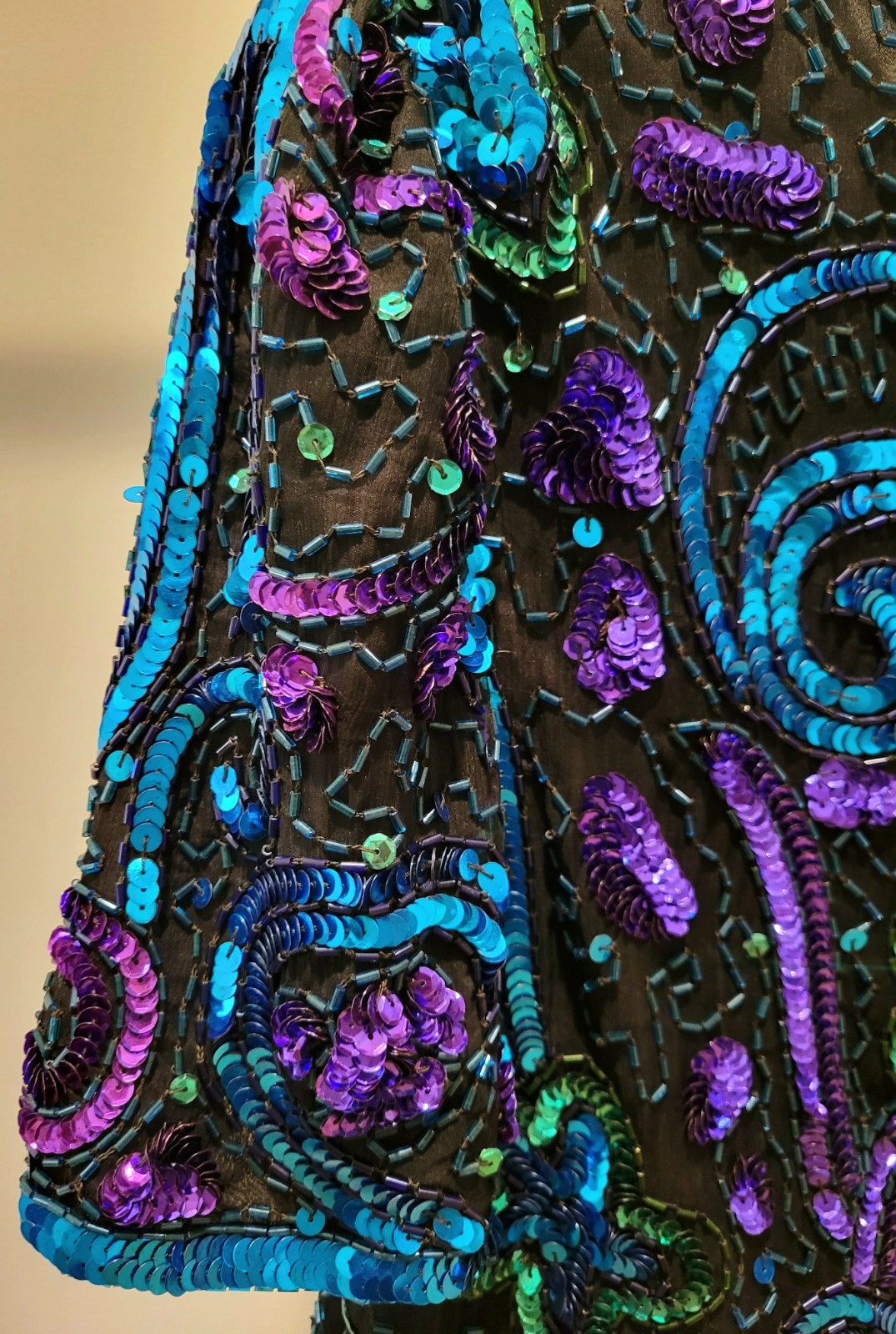 100% SILK Laurence Kazar Vintage Beaded/Sequined Embellished Blouse Blk/Blu PL