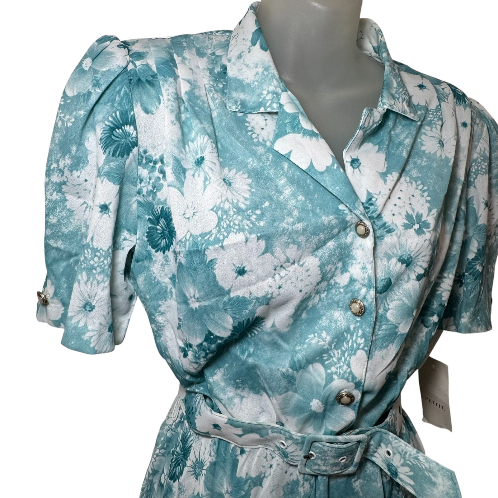 New VTG California Looks Dress Woman SZ 8 Petite Aqua Floral Belted CottageCore