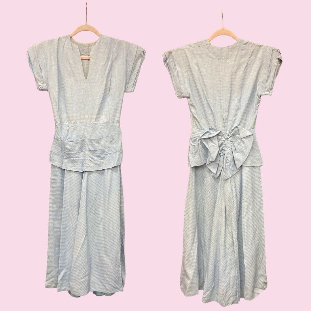 SILVER STRIPES 1950’s Icy Blue Dress w/ Draped Back Bow Metallic Silver Stripes