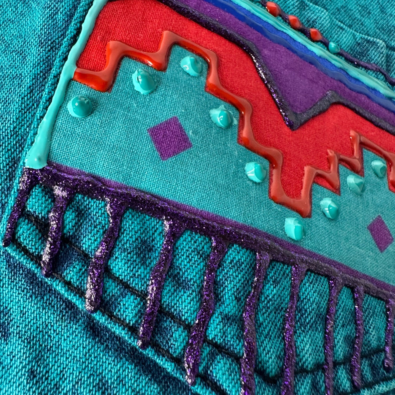 Vtg Turquoise Tyrtle Painted Design Wear Vest Southwestern Acid Wash Festival OS