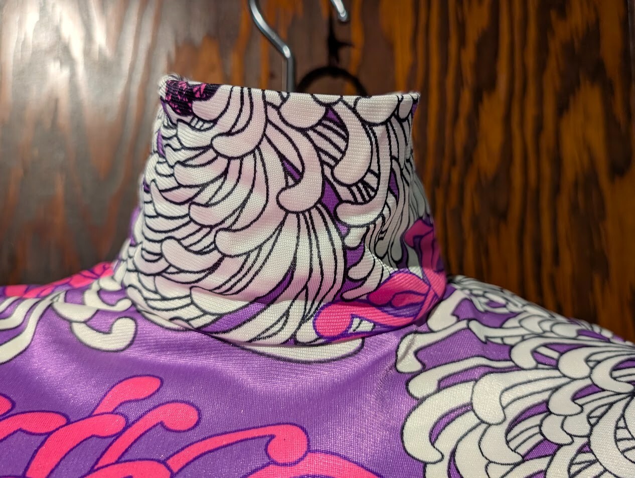 VTG 60S/70S BODYSUIT S leotard onepiece top purple pink crysanthemum mod gogo 4E