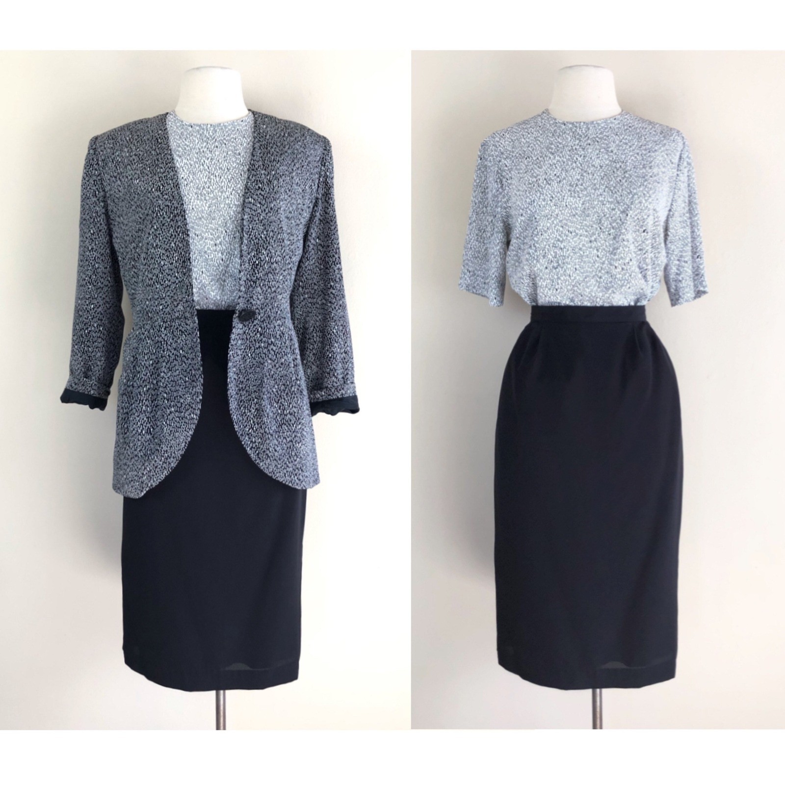 vintage 80s 90s suit set skirt jacket blouse abstract art print dress 80s 90s