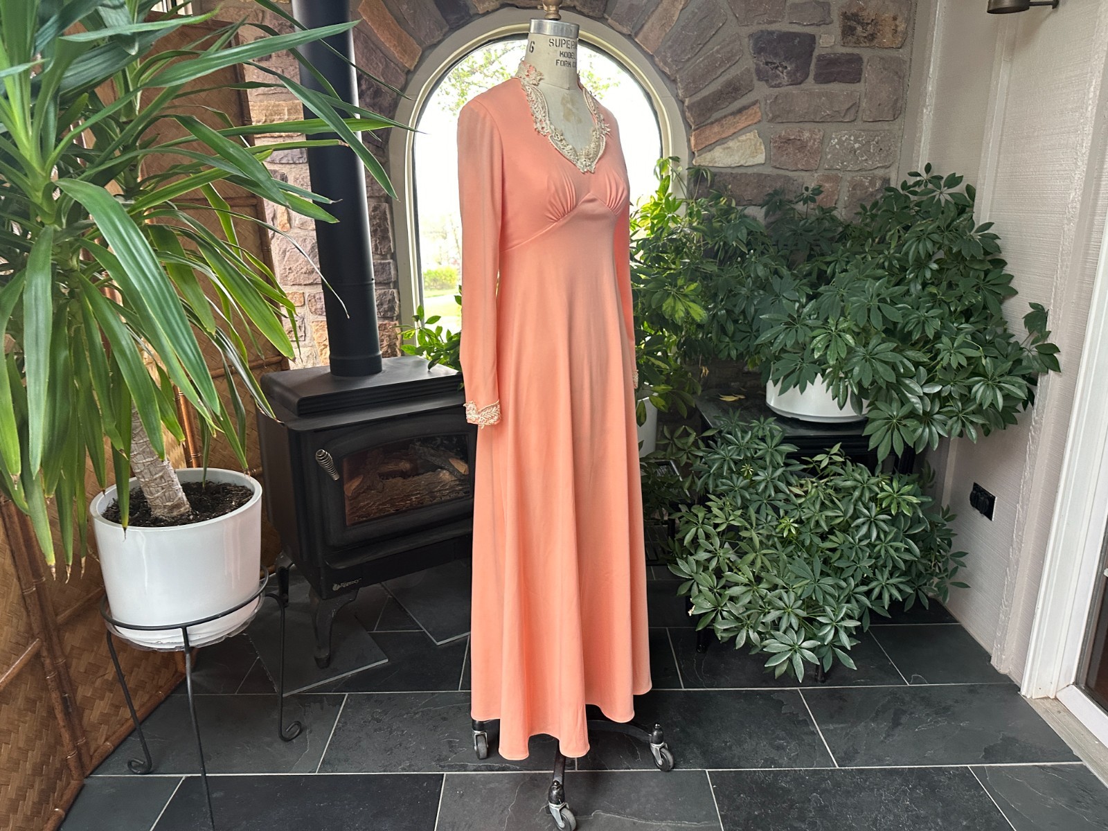 Vintage 1970s Apricot Knit and Ivory Lace Maxi Dress