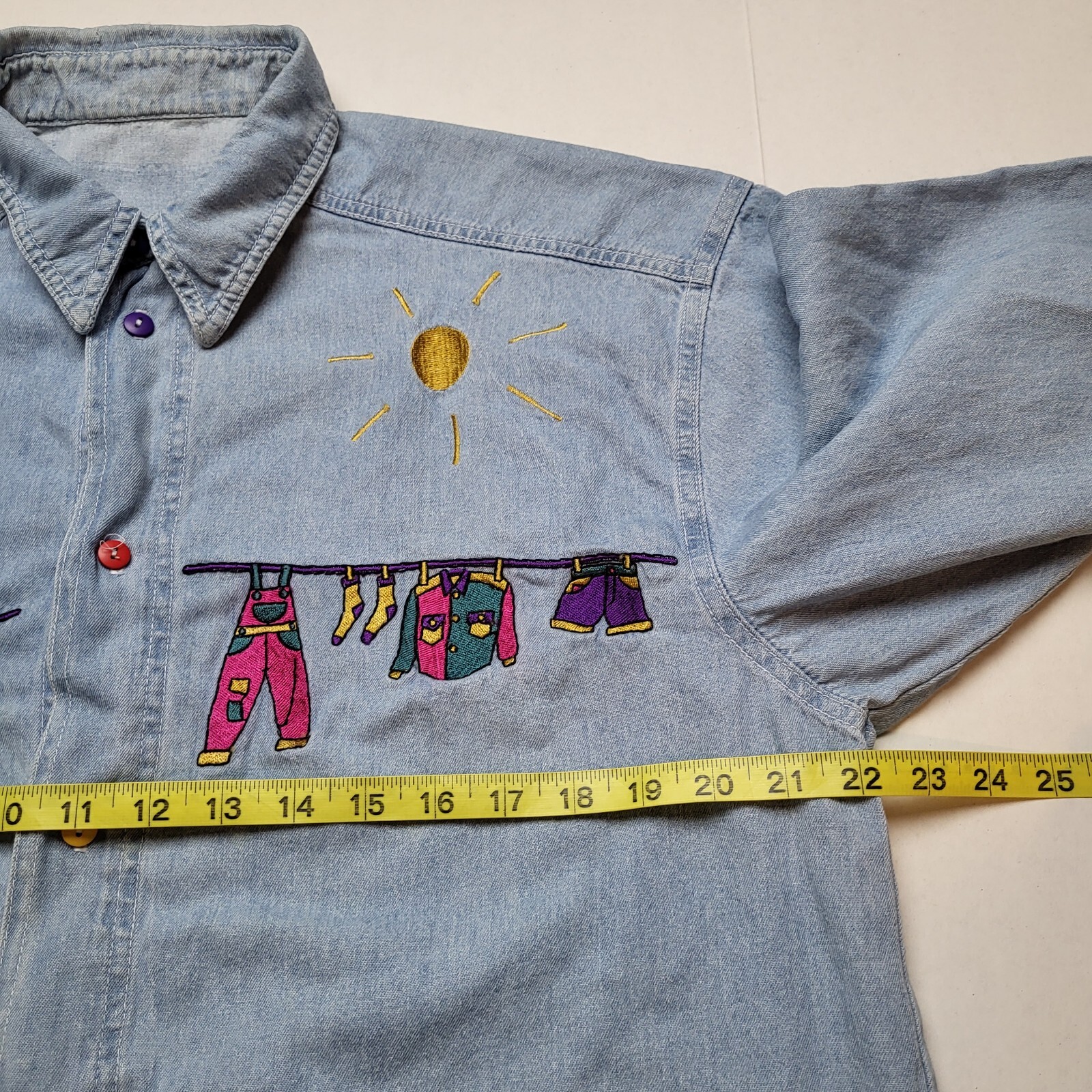 Vtg Denim Clothesline Shirt Womens L Blue Playful Long Sleeve 90s S88
