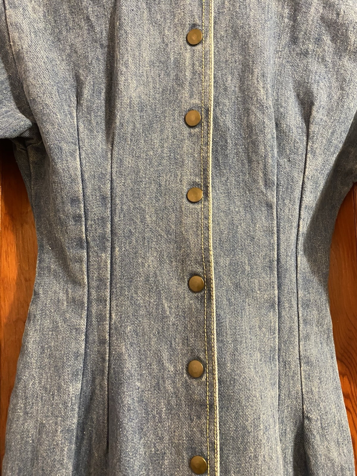 Vintage 80s Paris blues 100% Cotton denim long sleeve Sheath Snap dress 5 XS