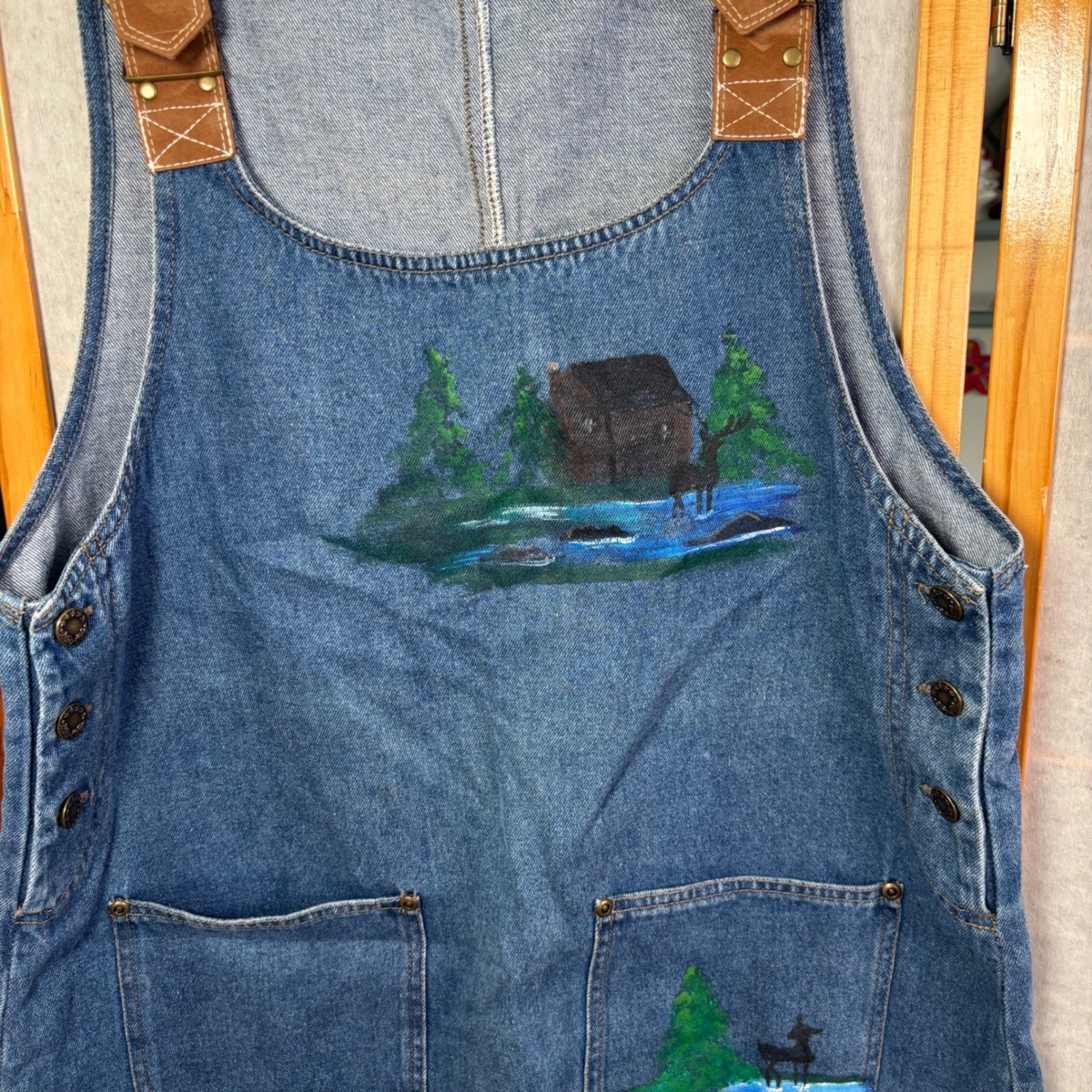 Haiks Vintage Blue Denim Hand Painted Cabin Deer Jumper Dress Womens Large Woods