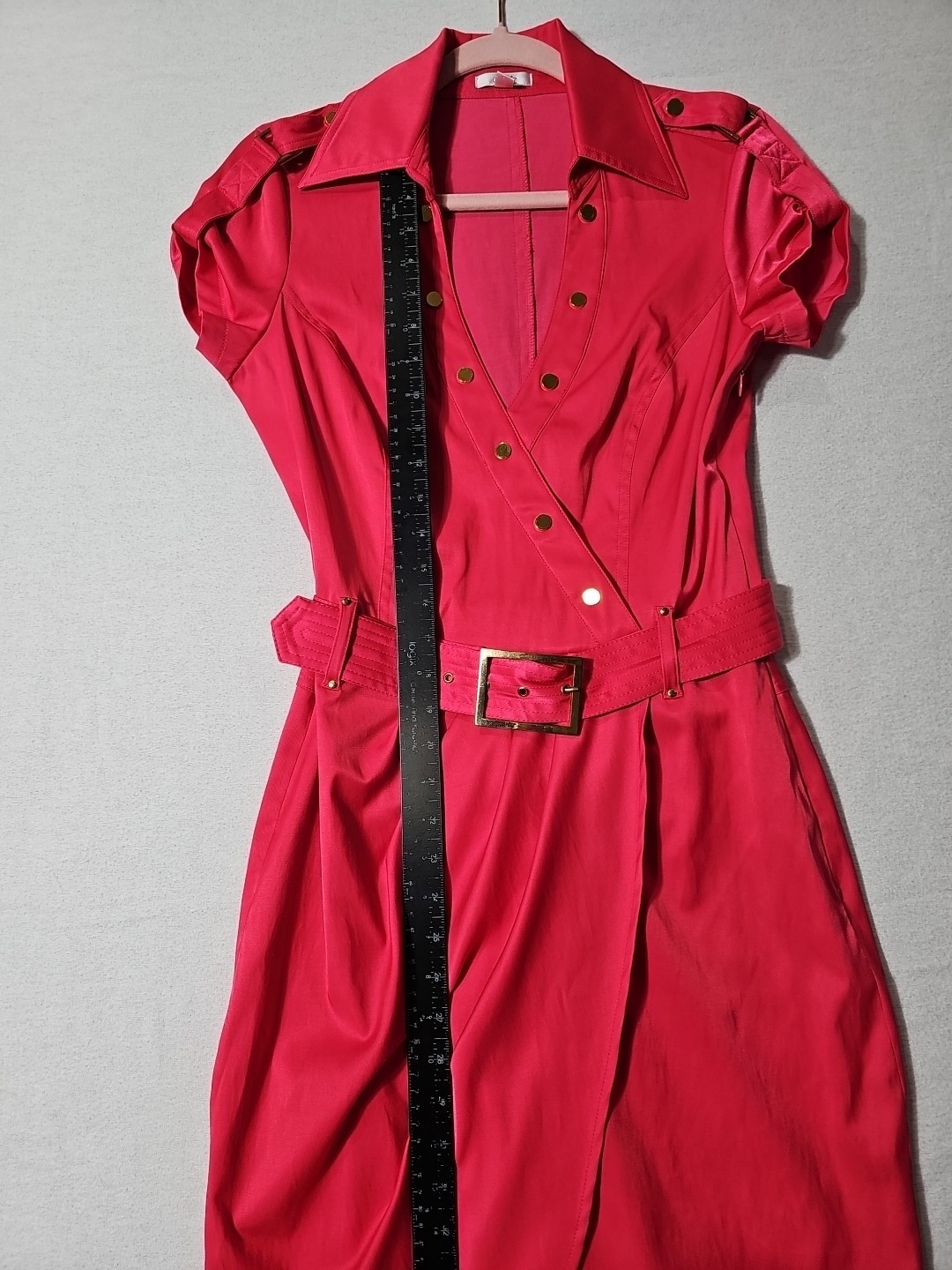 Vtg 90s/Y2K CACHE Dress 8 Pink Belted V Neck Short Sleeve Faux Wrap Gold Button