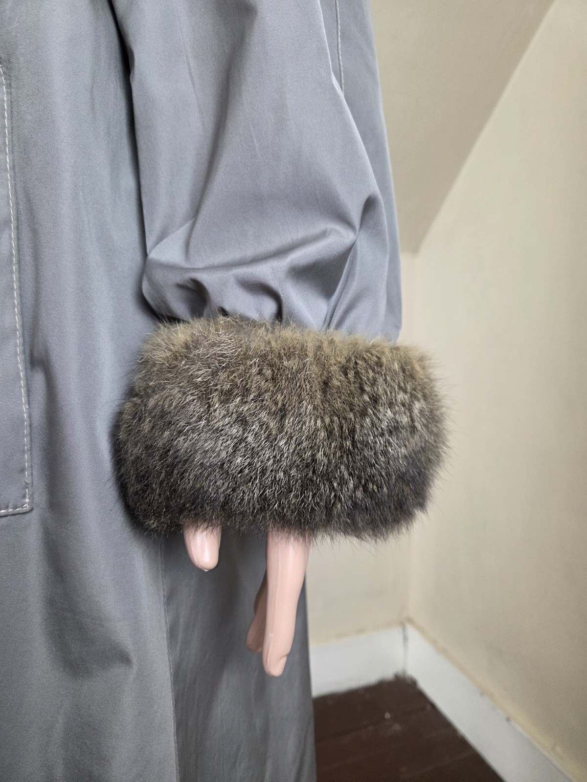 Vintage Bonnie Cashin for Russel Taylor Weatherwear Gray Fur Trim Coat USA Sz 10