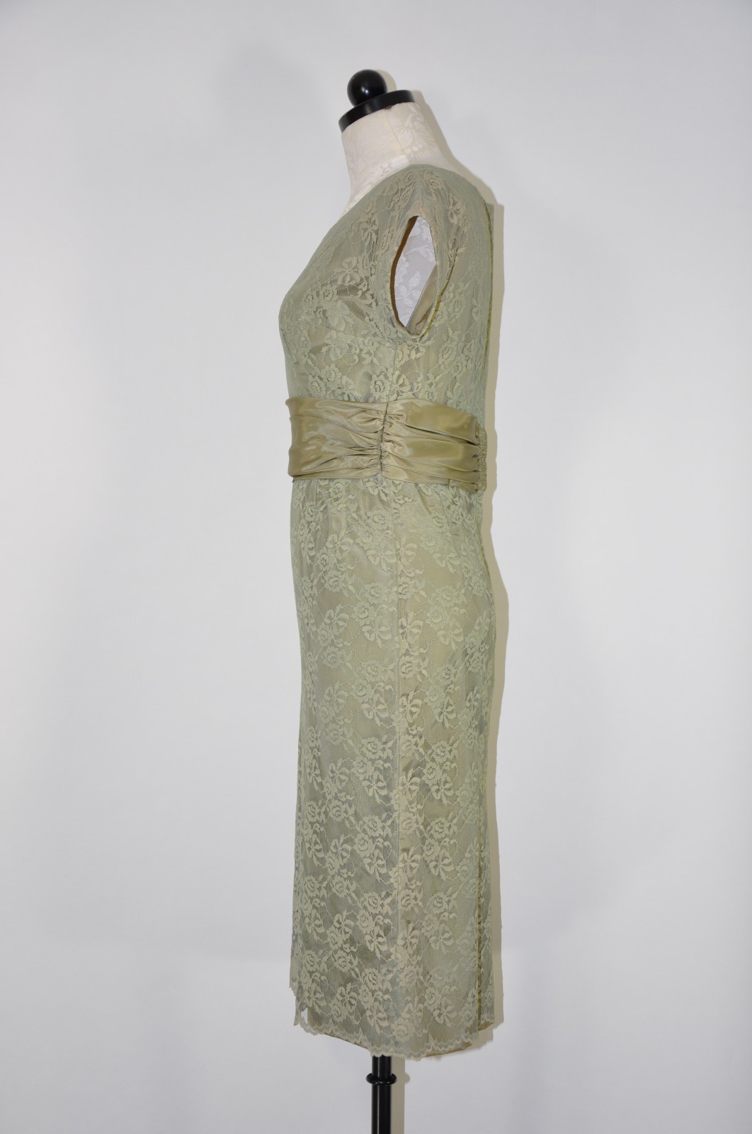 60s Vintage Sage Green Floral Lace Midi Sheath Wiggle Cocktail Dress Women XS S