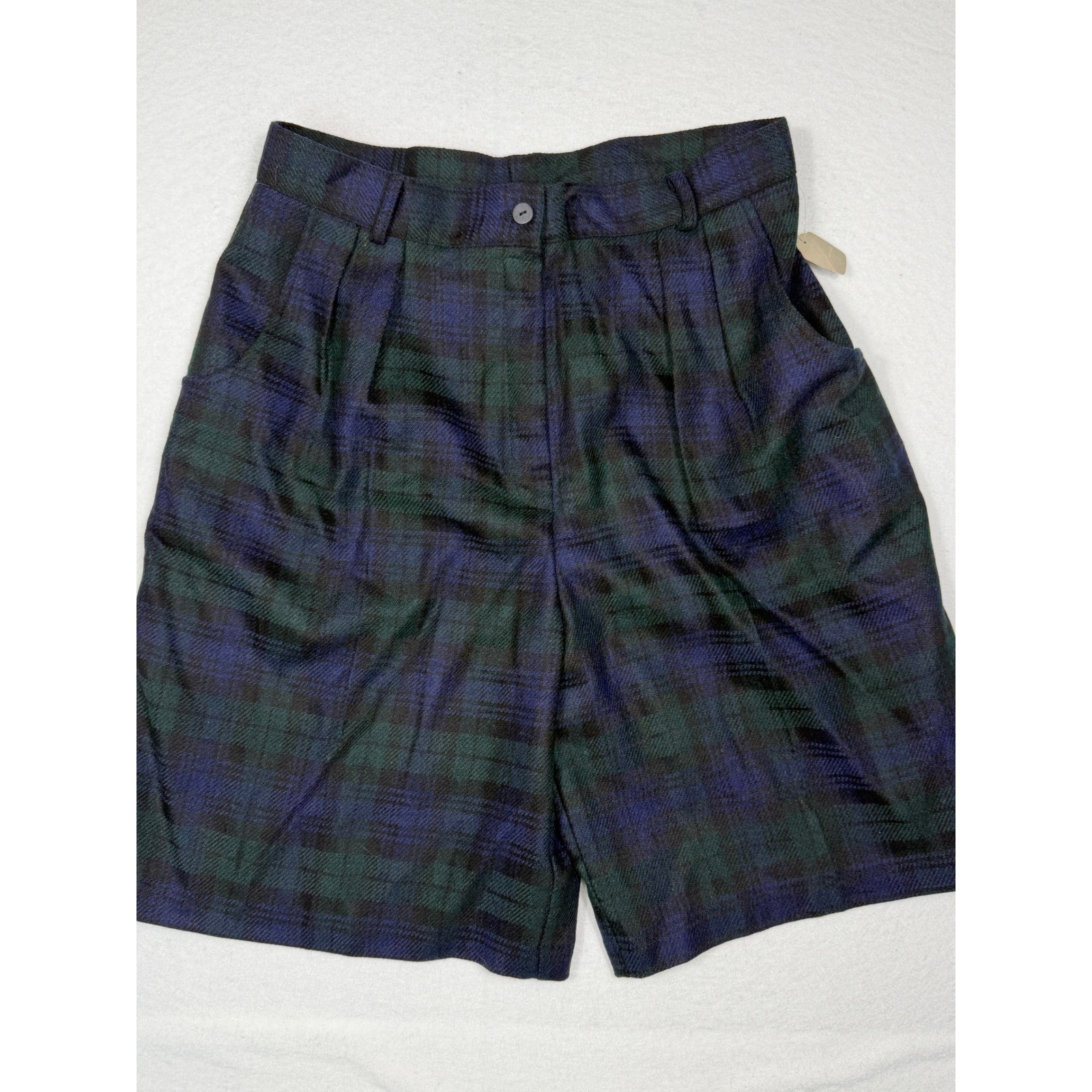 Savannah VTG Plaid Wool Blend Shorts Womens 14 Blue Green High Waisted USA NEW