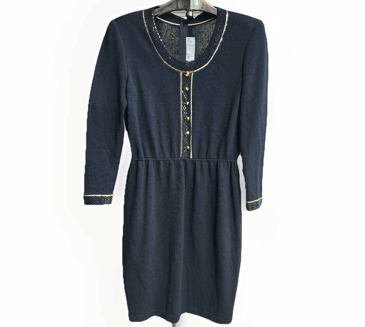 Knit Dress Black Santana St. John Marie Gray Gold Jeweled Buttons Evening Sz 4