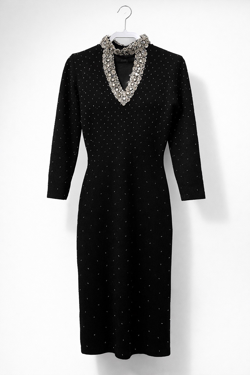 Vtg 50s Couture GENE SHELLY Boutique International Rhinestone Wool BEADED Dress
