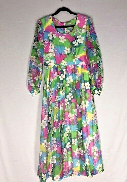 Vintage 60s/70s Flower Lounge Dress By Conrad Lingerie w/Zipper Back