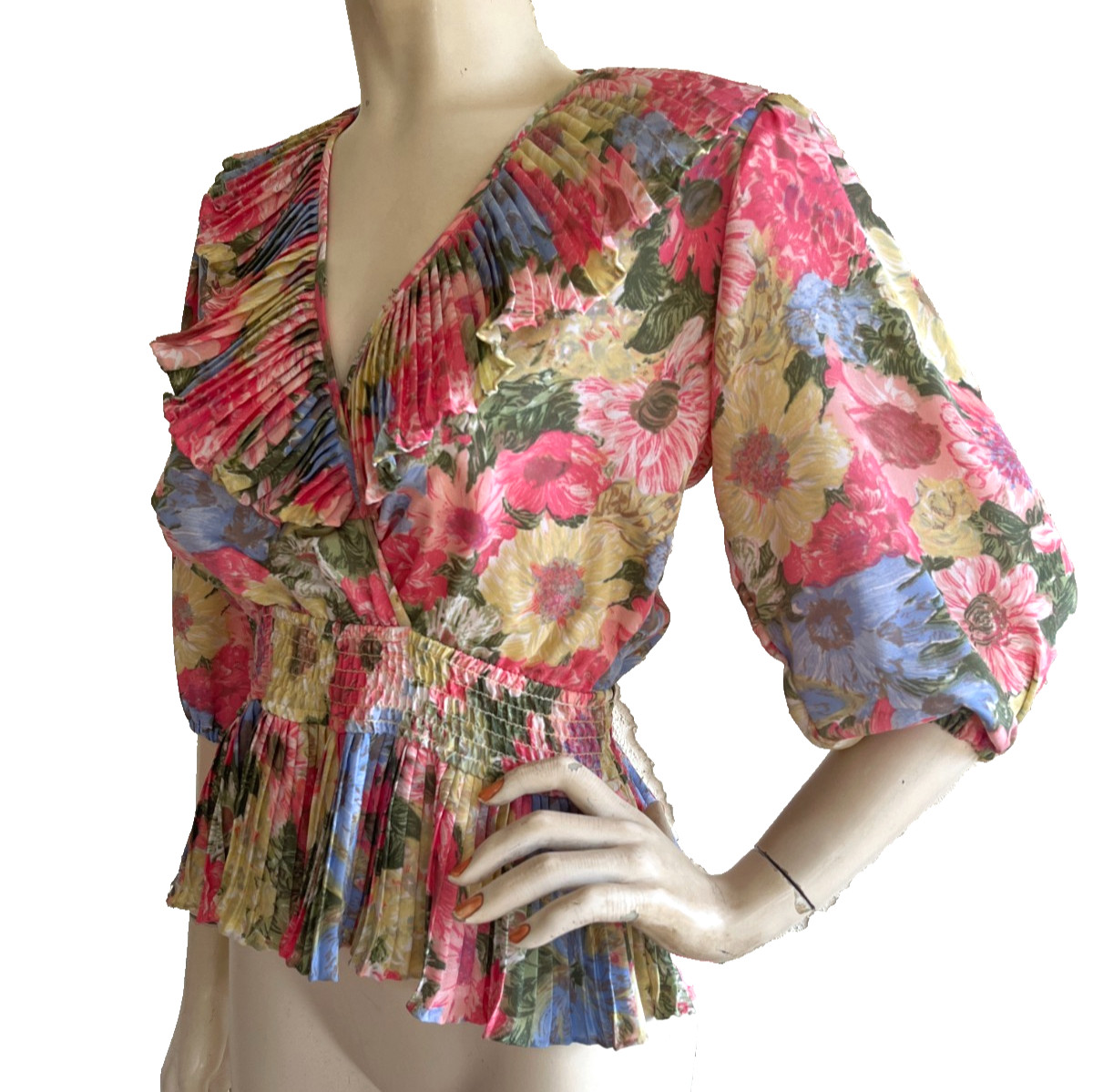 VTG SUSAN TUDOR Top Floral Pastel Pleated Ruffled 80’s Blouse USA Size XS