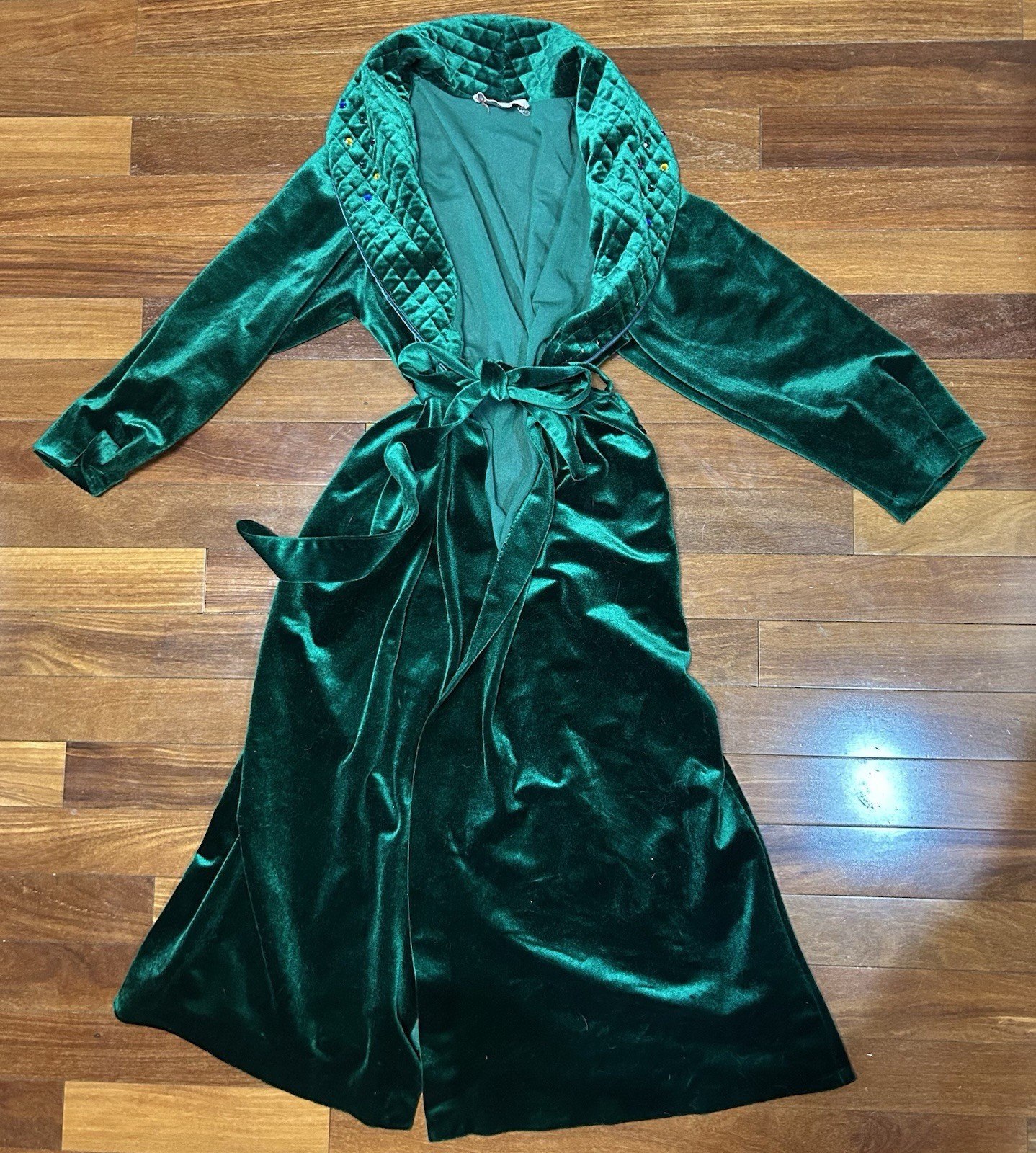 Vintage Vandemere Green Robe Quilted Collar Crushed Velvet or Velour