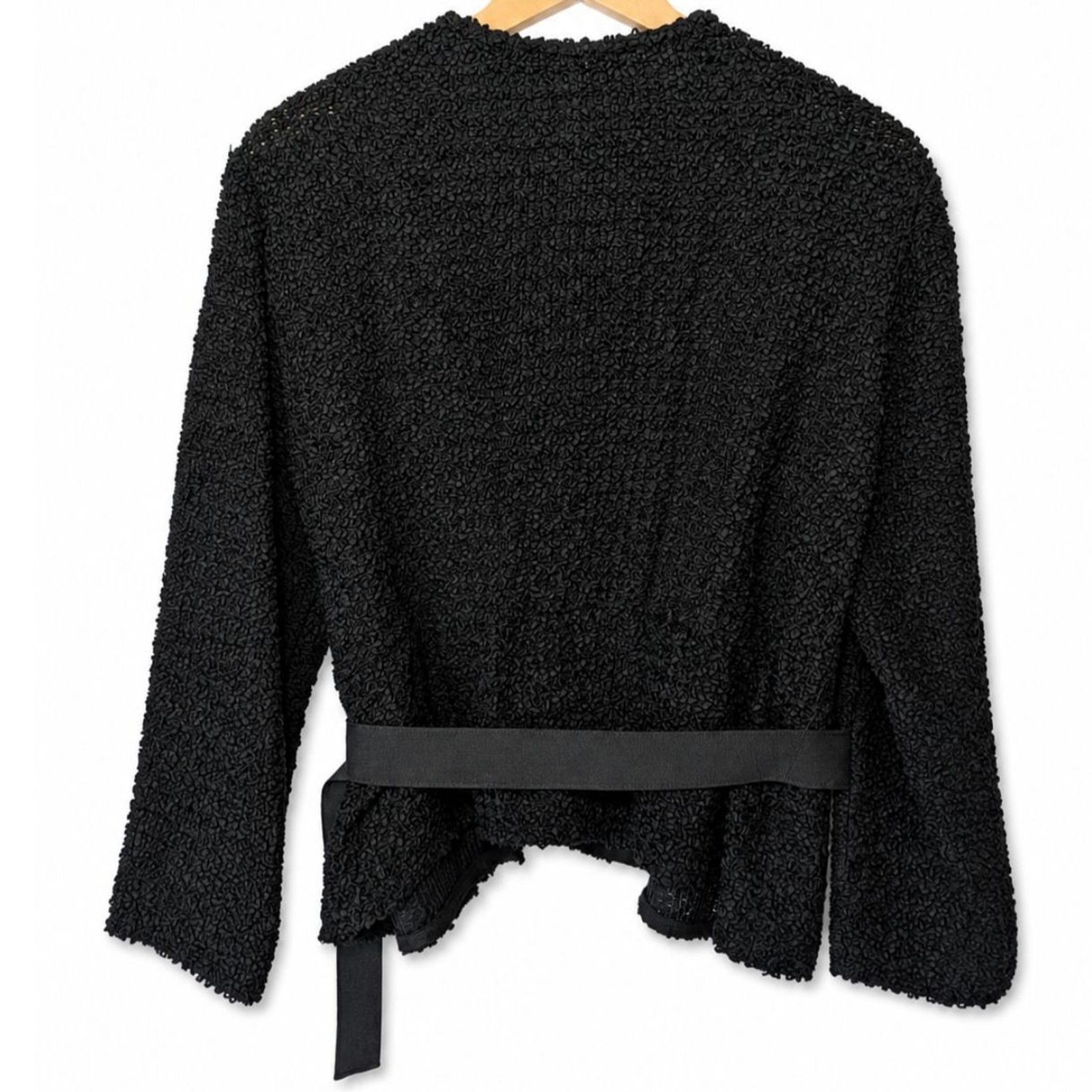 Vintage Black Popcorn Textured Belted Open Cardigan Jacket Made in USA Size 24½