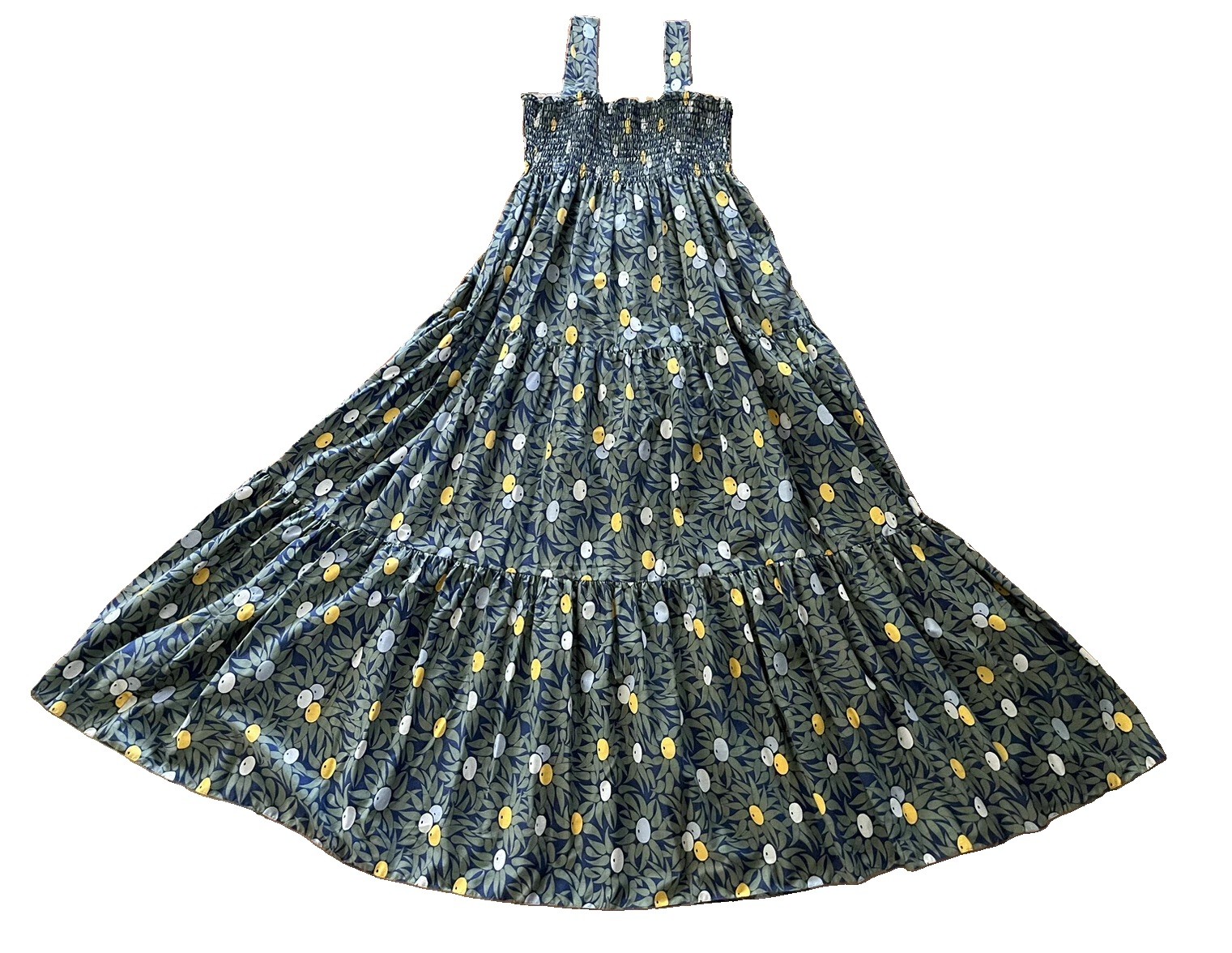 1970s Olive Print Smocked Maxi Dress Cotton Blend Hostess Resort Sundress OS VTG