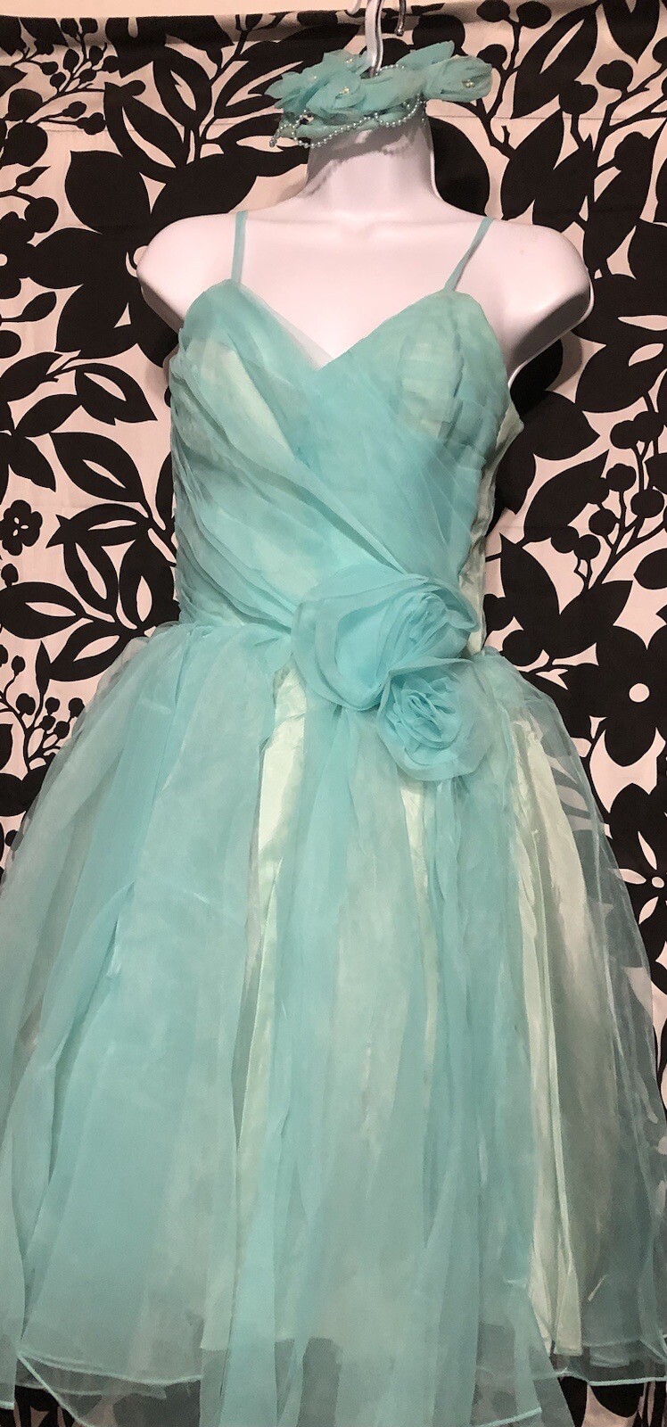 Late 1950s Early 1960s Aqua Party Poof Dress Cape Headpiece