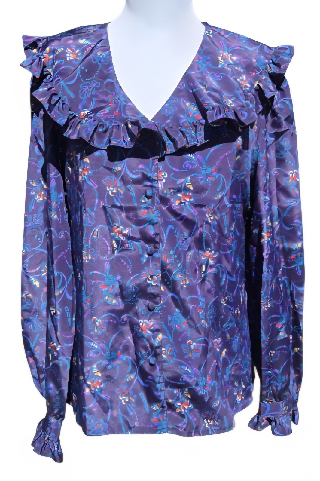 RARE 1980s JEBB LEVY Polyester Abstract Floral Blouse With Ruffled Collar Sz 16