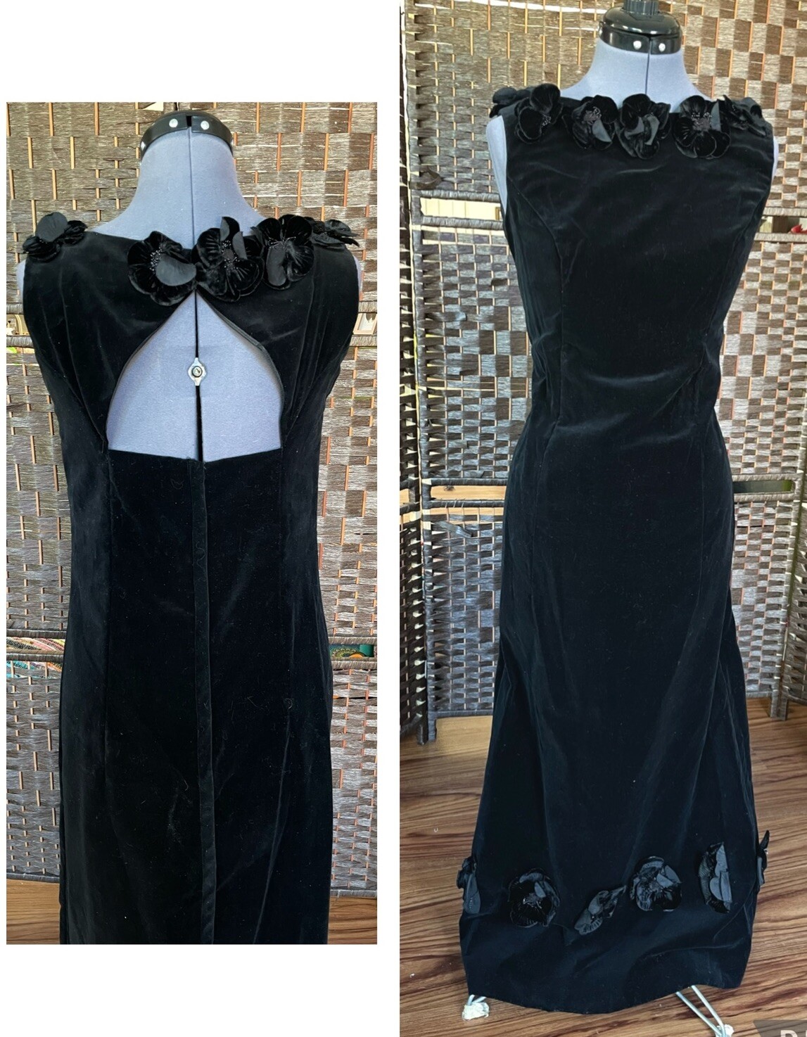 Vintage Sz 9 Emma Domb Mid Century 1950s 1960s Black Velvet Long Gown 4 6 8 M