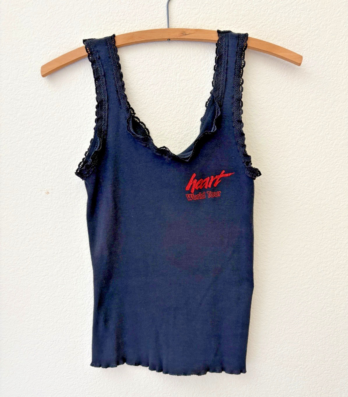 Vintage 80s Heart the Band World Tour Lace Trim Black Tank top M/L Stretchy