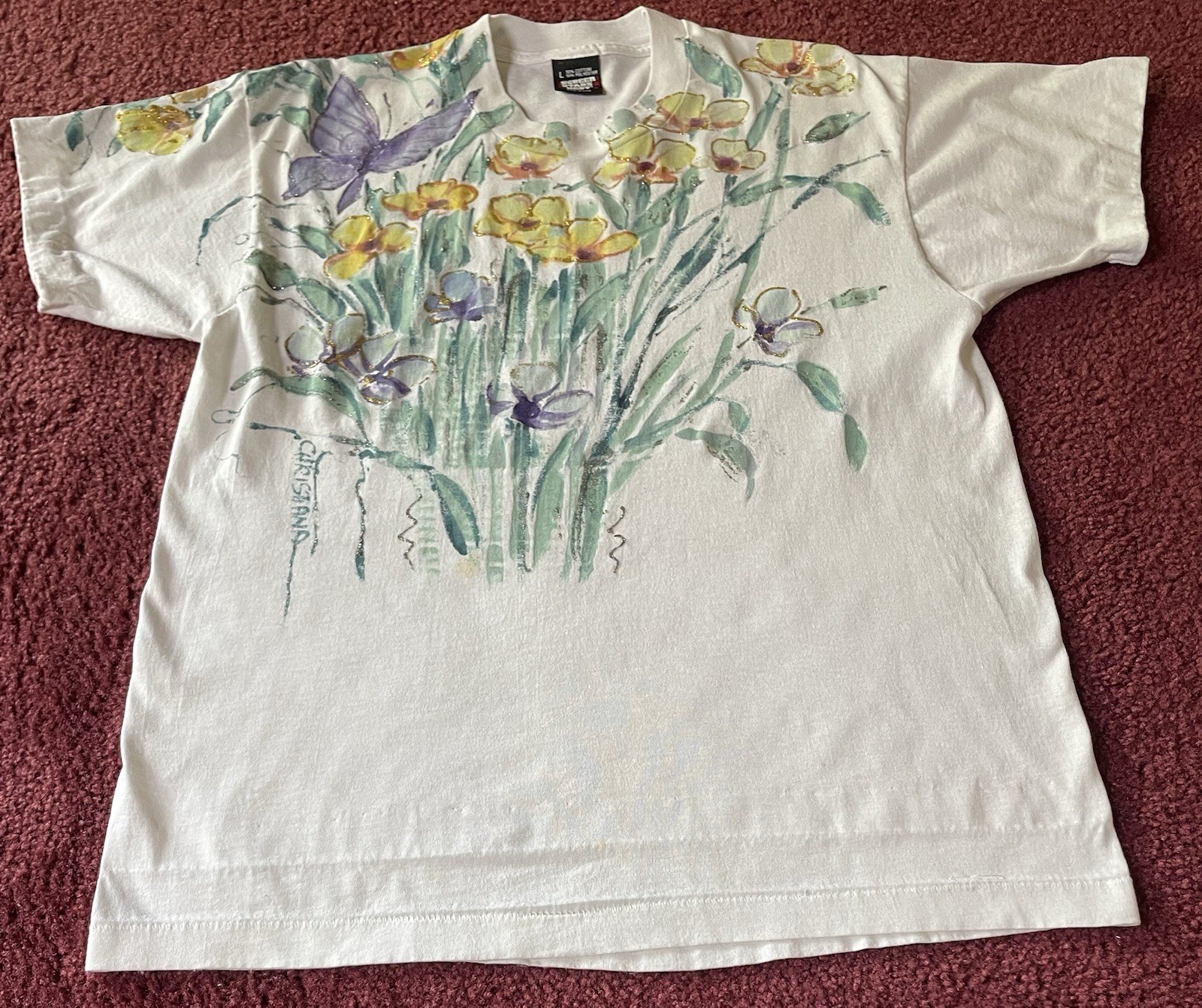 Vintage 90s Floral T Shirt Tee Womens Sz L Yellow Green Single Stitched USA Made