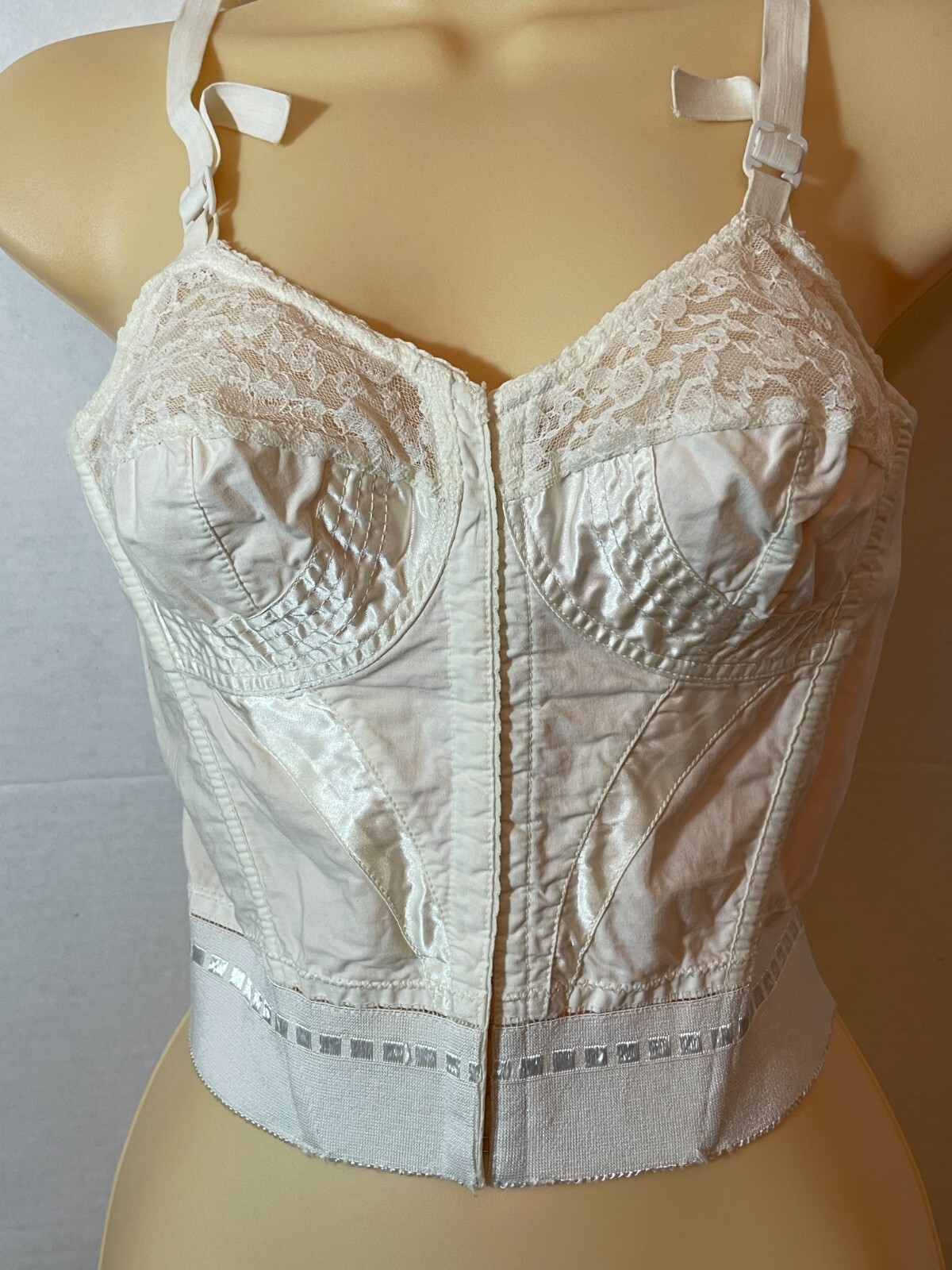 Vtg Cotton & SATIN Stitched Bustier Long Line Bra Top Floral Lace 34B Penneys