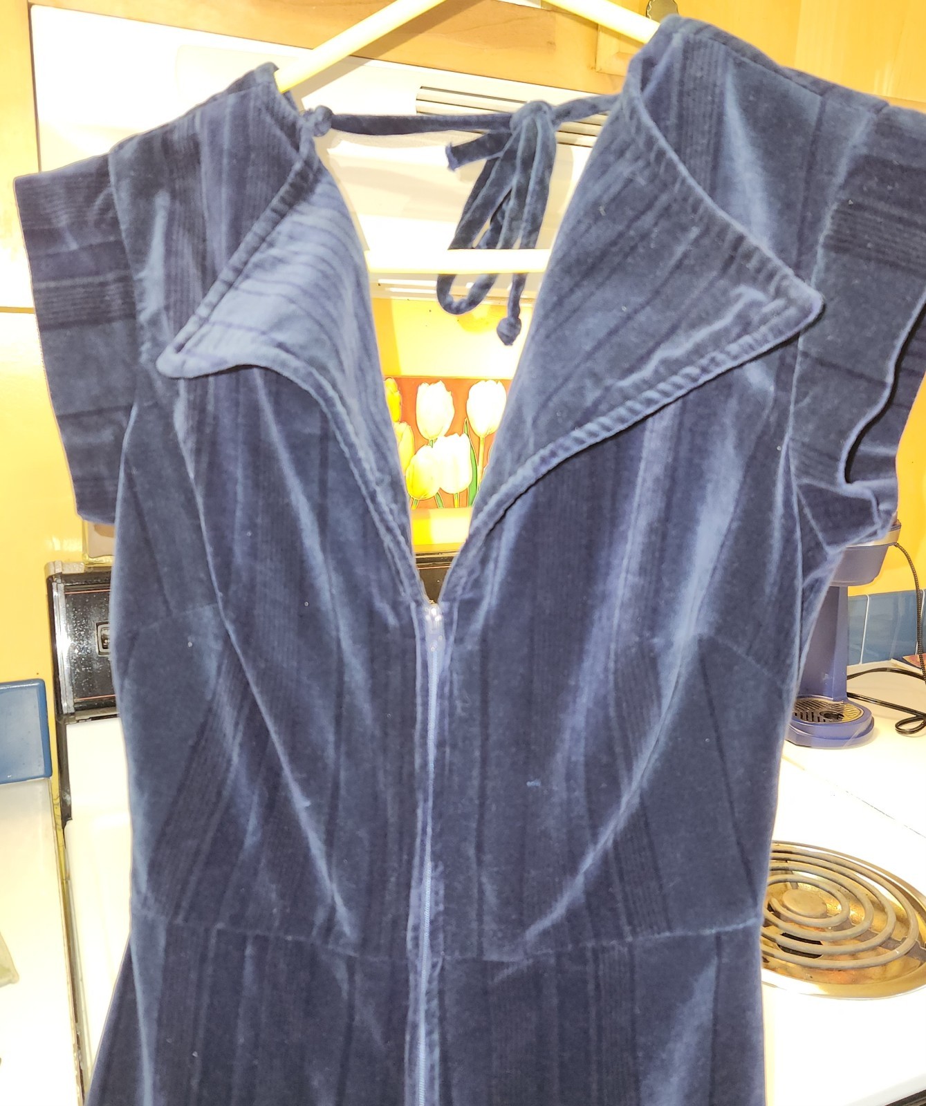 Vtg Ragtime 70s Navy Velour Wide Leg Jumpsuit Deep V Neck Disco Jumper Outfit M