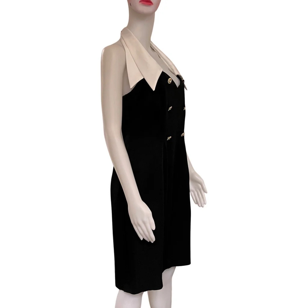 Vintage 1980s Tuxedo Style Black and White Halter Cocktail Dress Crystal Buttons