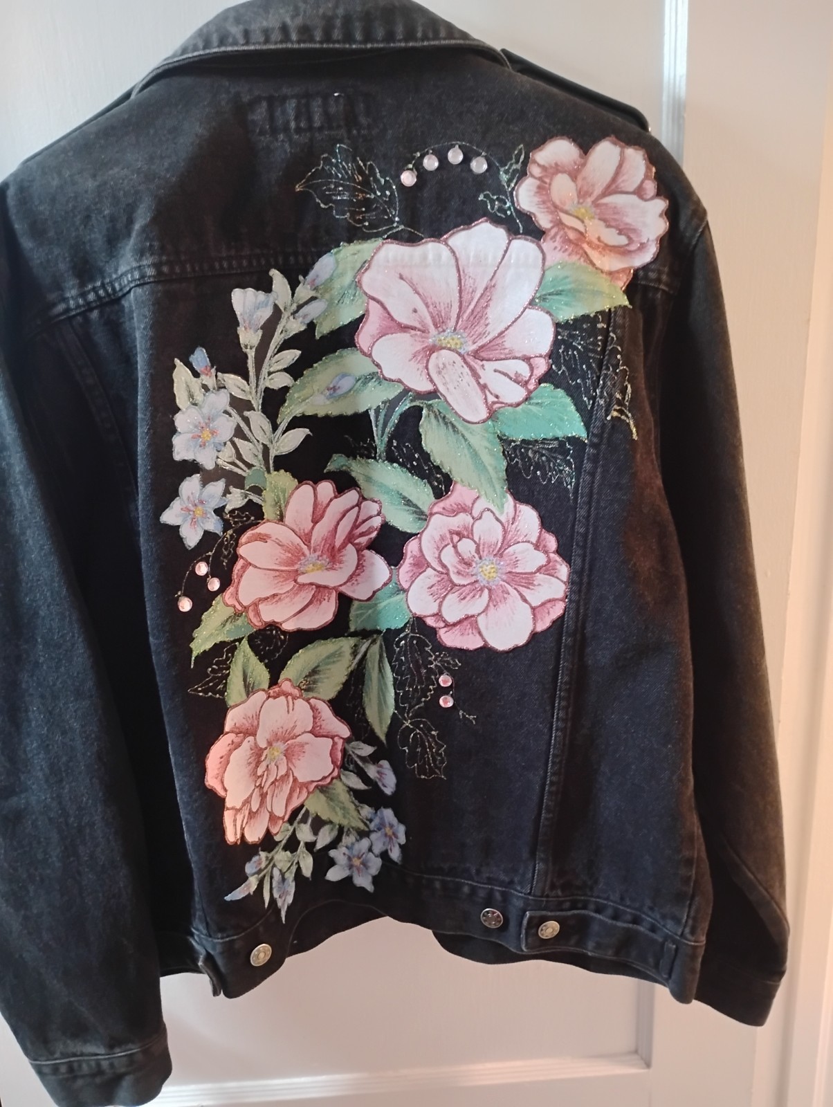 Vintage 80s Todays News Black Denim Jacket Embroidered Floral Rhinestone Concho