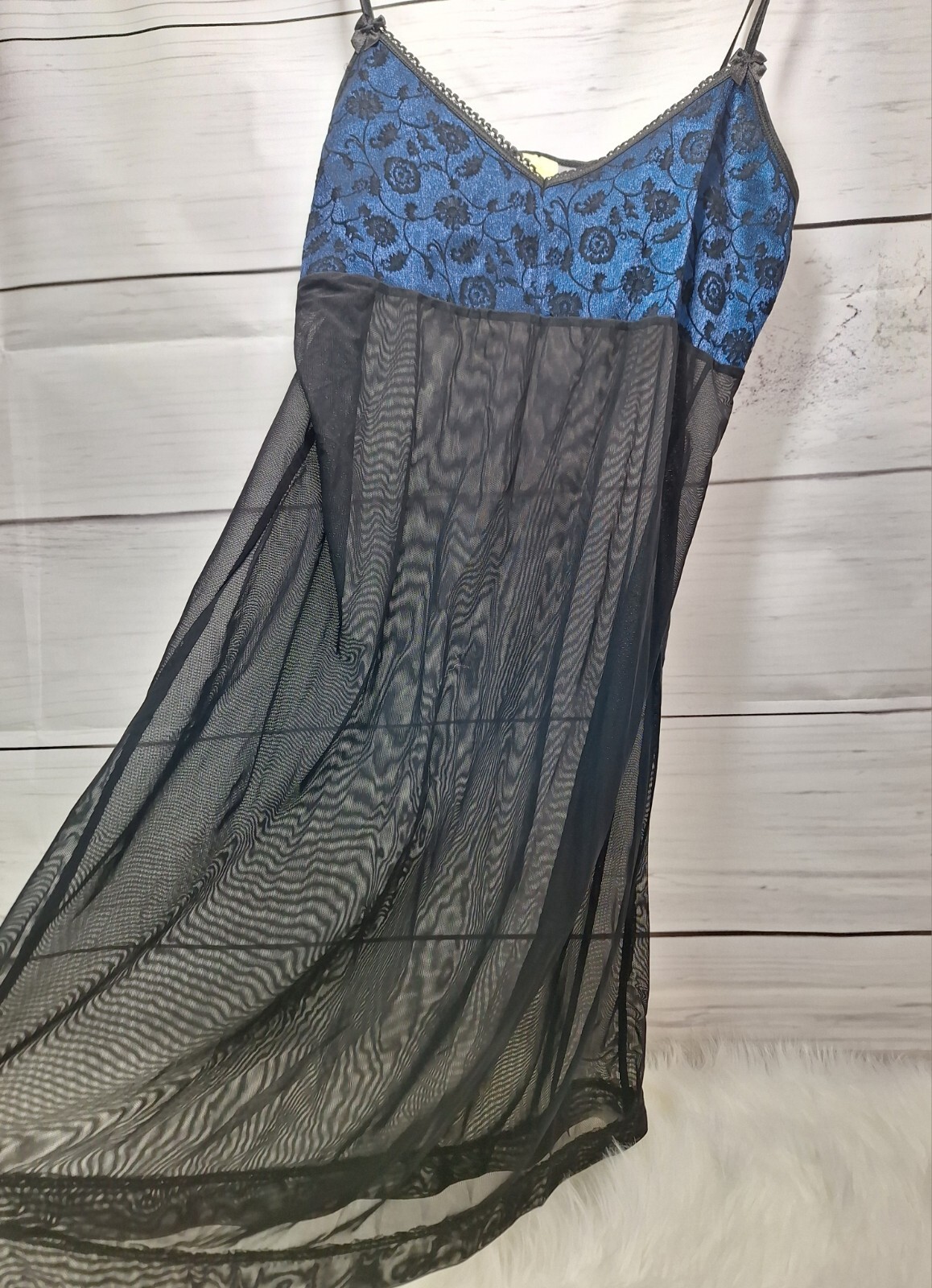 Vintage Blue & Black Lingerie Nightie Negligee with Spaghetti Straps, Size M/6