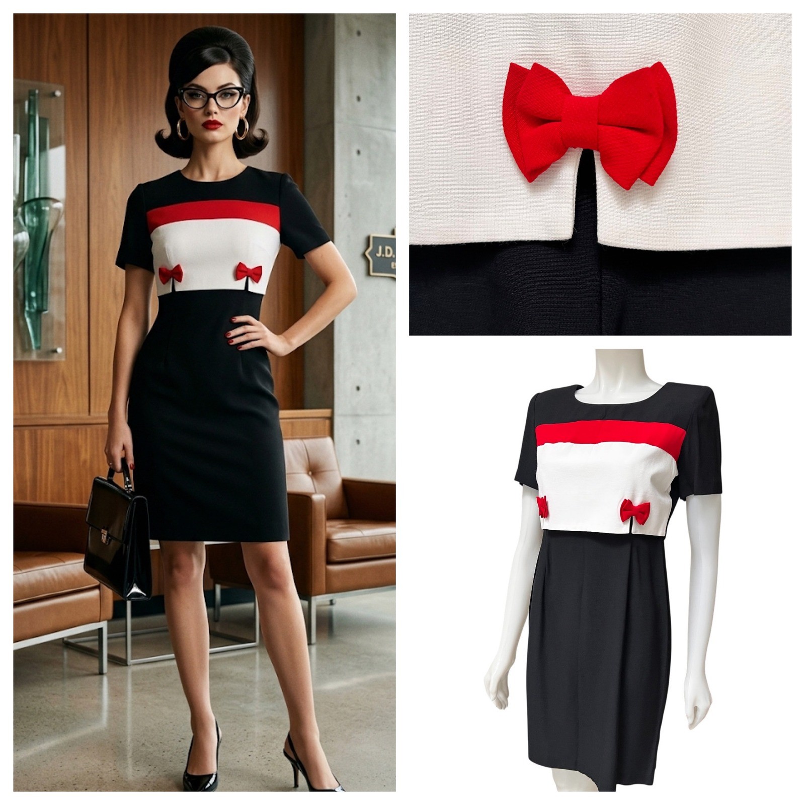 Vintage 90s Colorblock Bow Sheath Dress Retro Mod Office Siren Made in USA SP