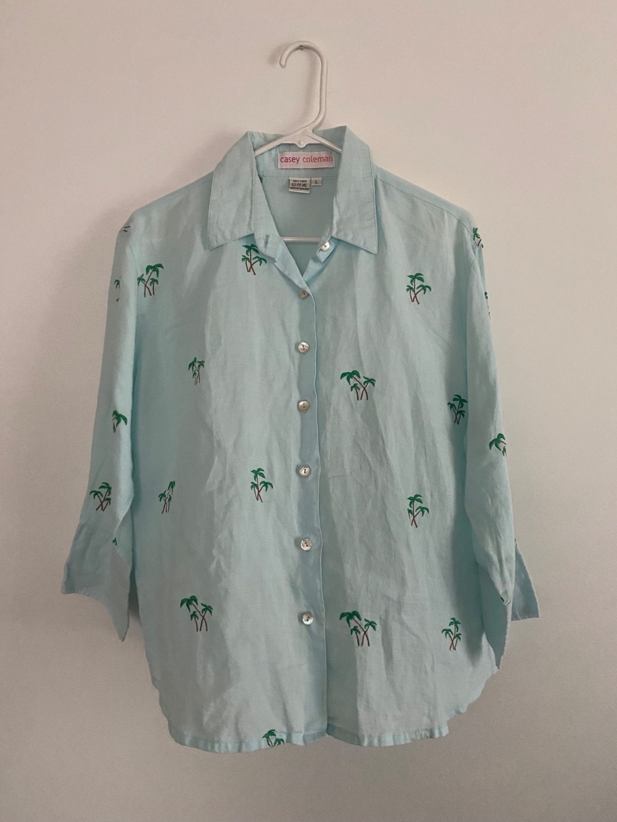 Vintage Casey Coleman Women’s Blue Linen Shirt With Palm Tree Embroidery Size L