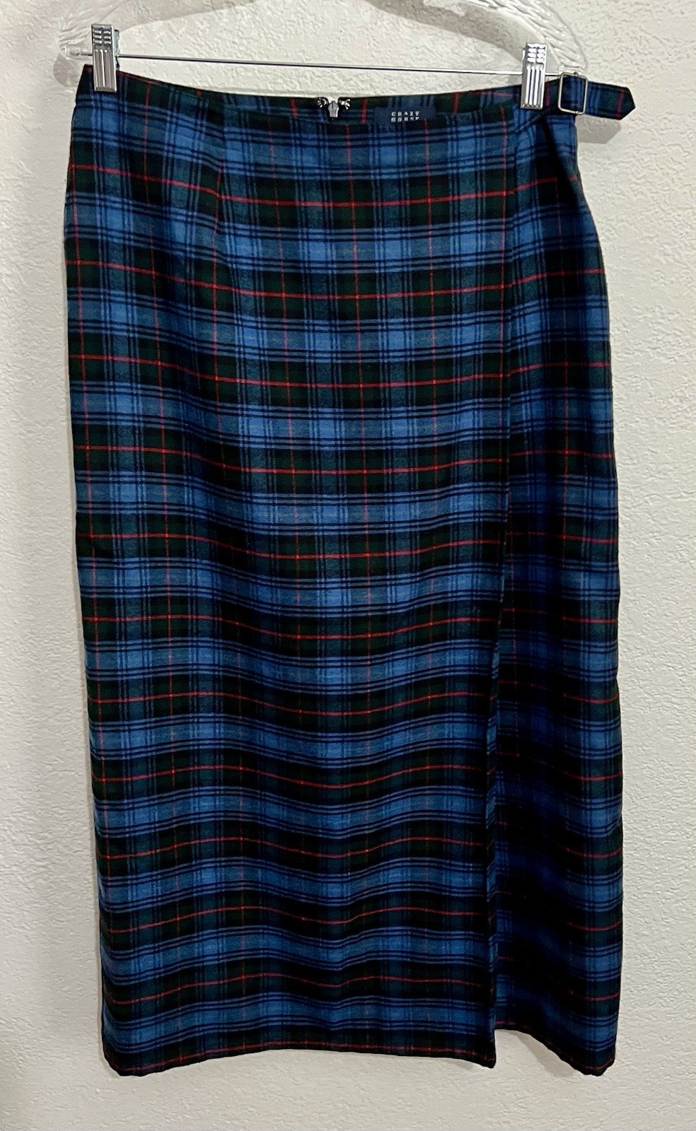 Crazy Horse Plaid Blue Red Tartan Midi Skirt Buckle Lined Highlander 12