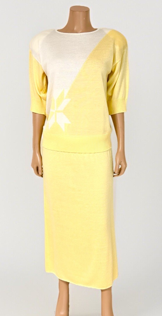 Vintage 80s Yellow Knit Sweater Skirt Set Large Shoulder Pads Amazing!