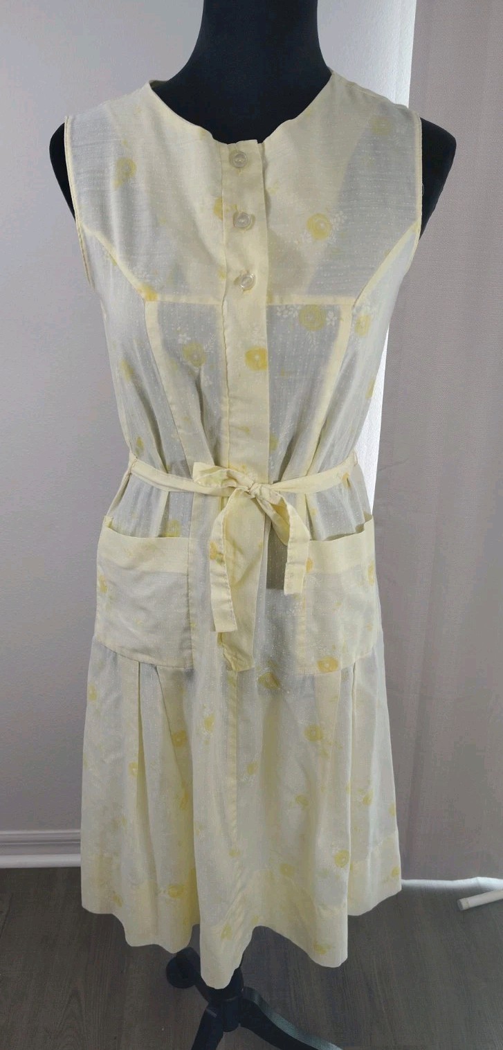 Vintage 60s/70s Yellow Floral Shift Dress | Step-In Button & Zip Front | Size…