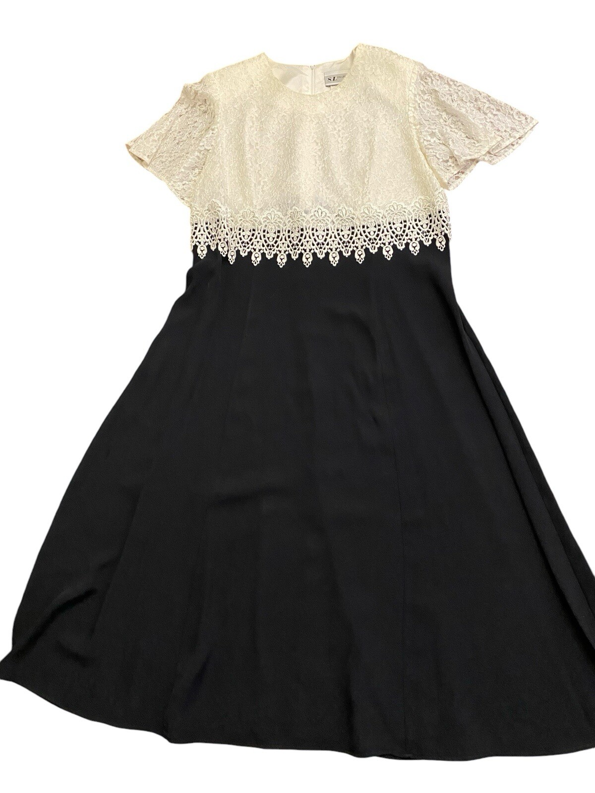 womens vintage S.L. FASHIONS Mother of the Bride Dress~16W~Black/Ivory~Lace~SS