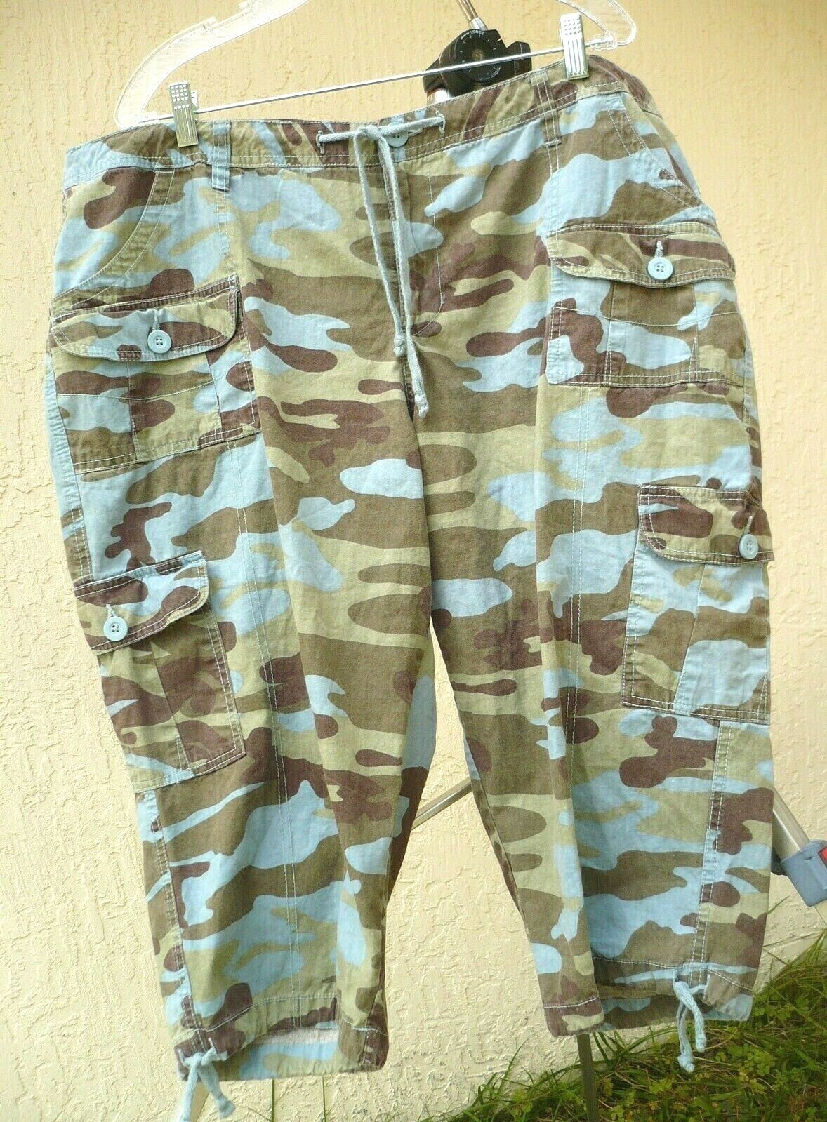 VTG 80S EARL JEAN WOMEN 1X XL L CAMOUFLAGE BLUE ARMY GREEN CROP CARGO CAMO PANTS
