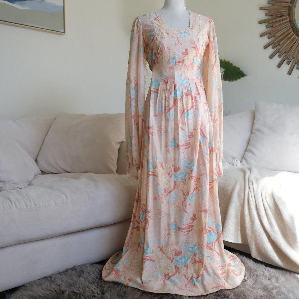 Vtg 1970s S Sheer Sleeve Orange Floral Print Coral Prairie Tie Long Sleeve Dress