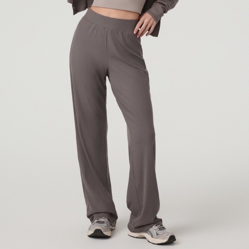 Vuori Pose Wide Leg Pants Chia Gray Brown Ribbed Knit Relaxed Fit Size XL NWT