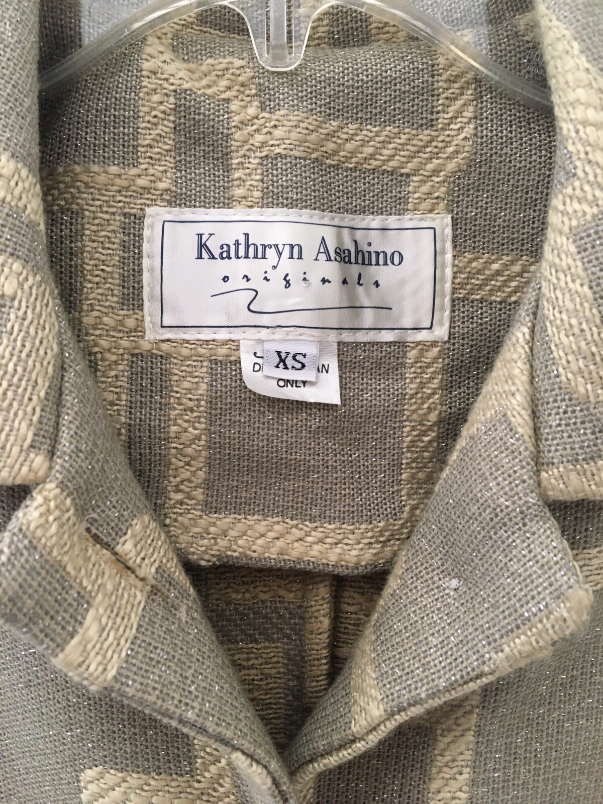 Vtg Kathryn Asahino Originals Coat XS Gray Beige Mid Mod Geometric Sparkle