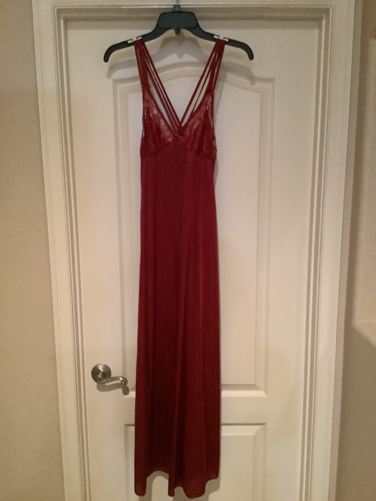 Sz S PETRA Burgundy long Nightgown Nylon lace bows Criss Cross Back made in USA