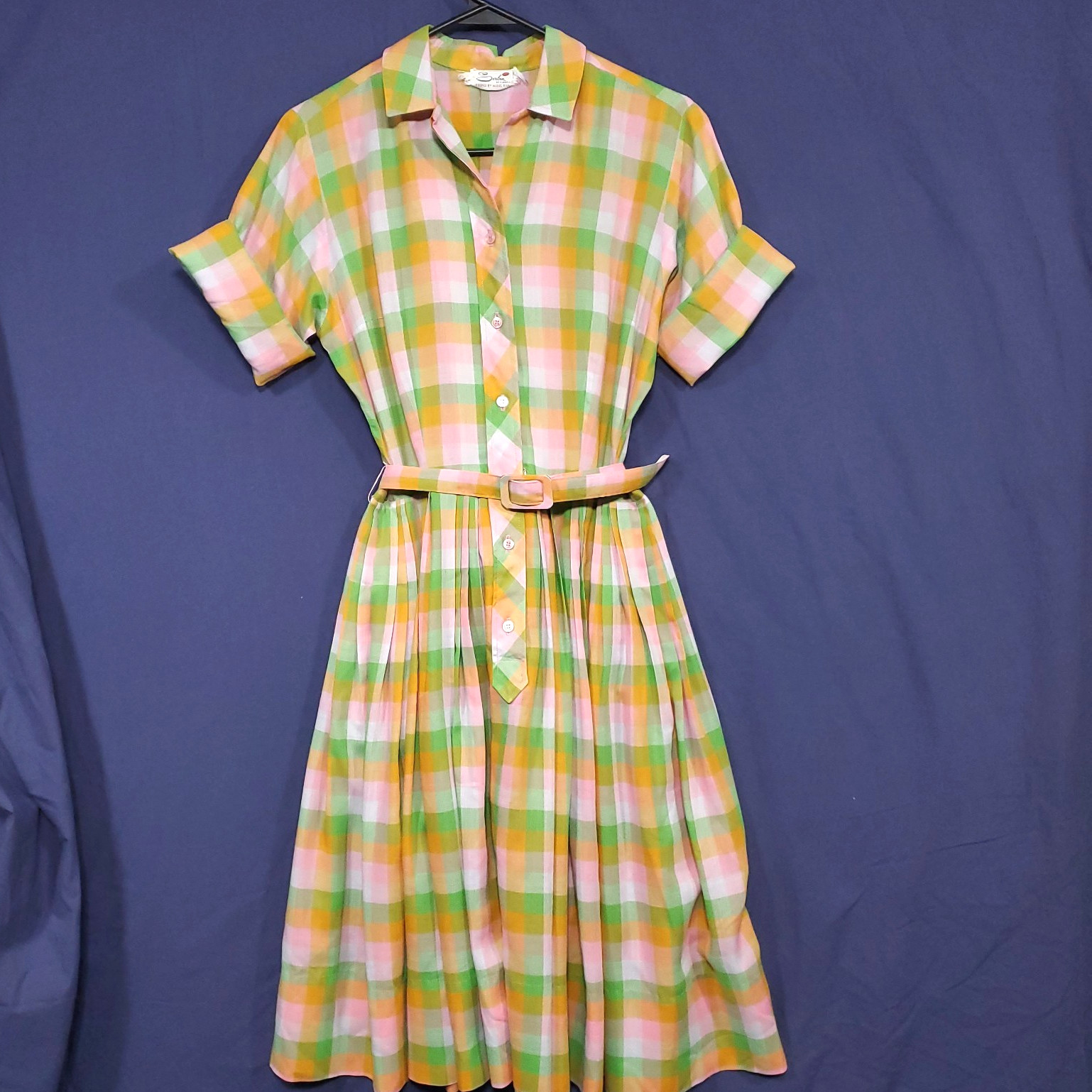 Vtg 1950s Serbin of Florida Plaid Shirtwaist Dress Full Skirt Cotton Pastel 6