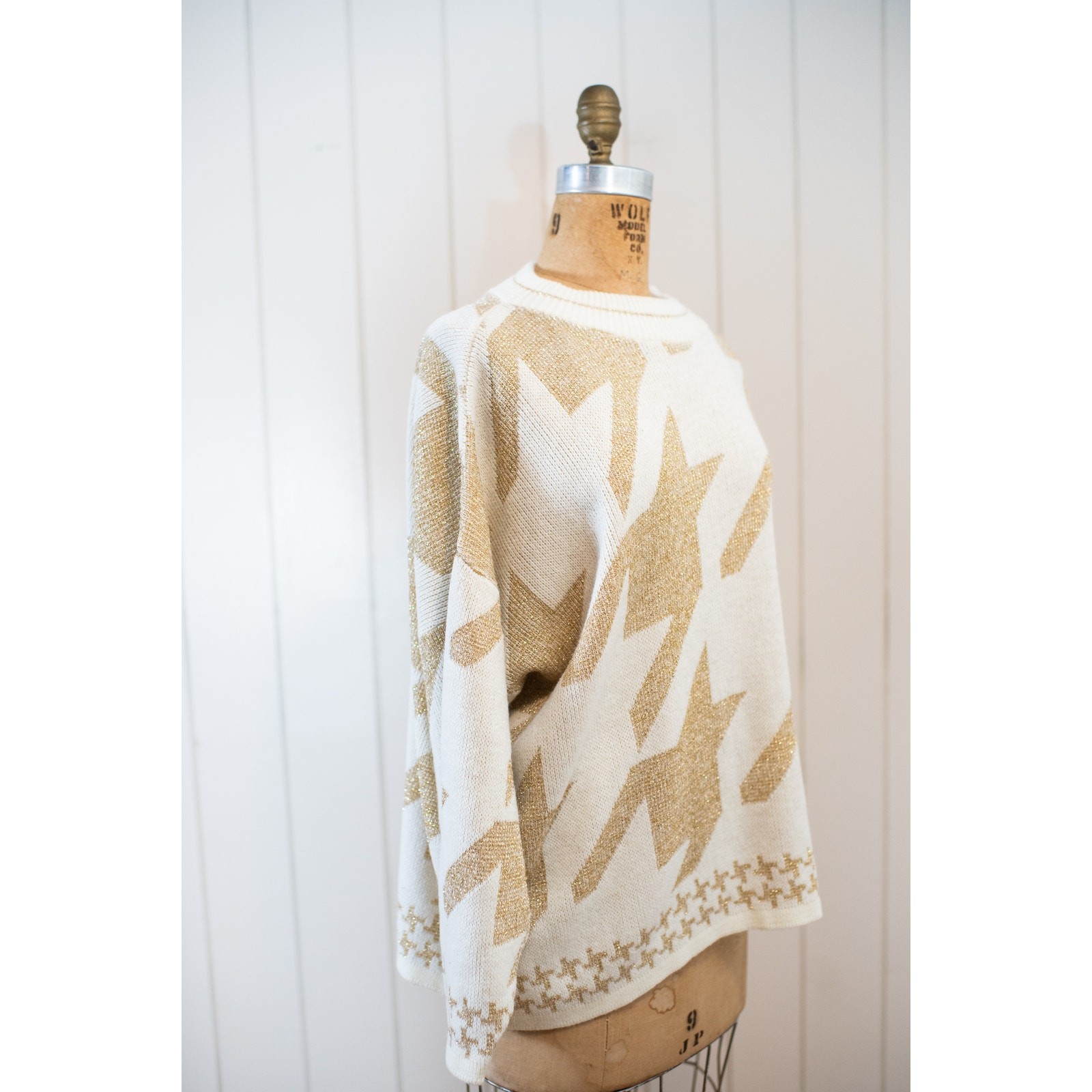 Vintage 80s Abstract Origami Sweater Cream Gold Metallic Artsy Neutral Knit, Lg