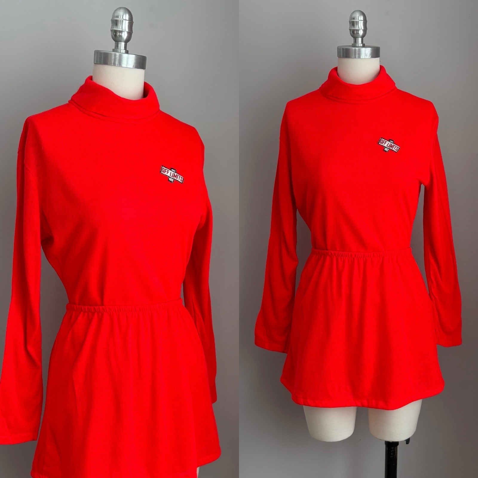 Mod Vintage 1960’s Red “Off Limits” Patch Bodysuit Top & Mini Skirt Set S/M