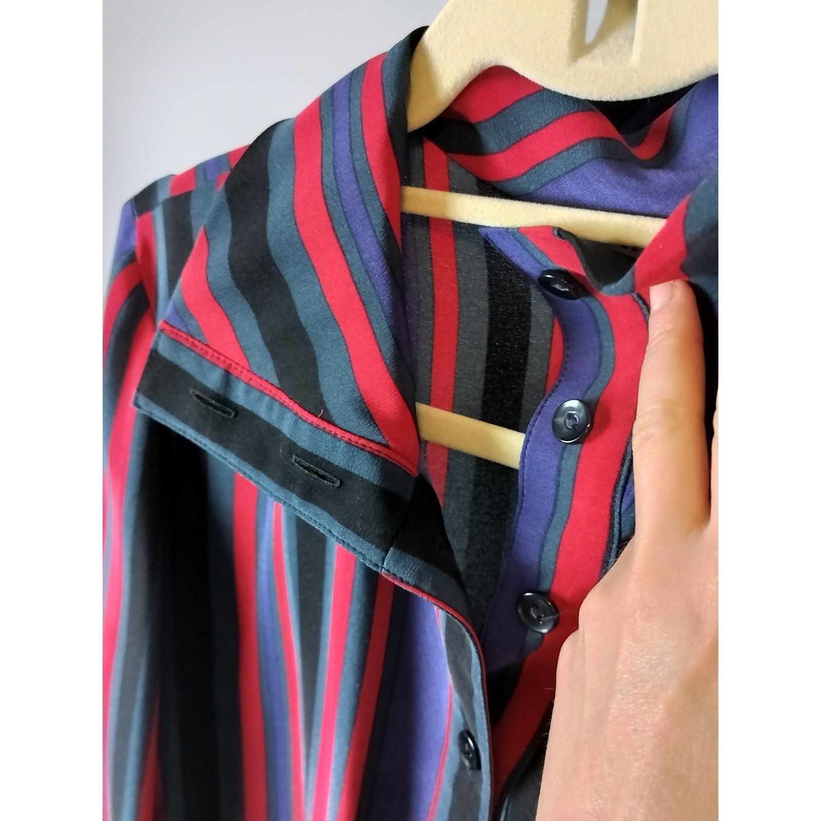 Vintage Jon Tagia Striped Button Down Blouse Red Purple Black Small