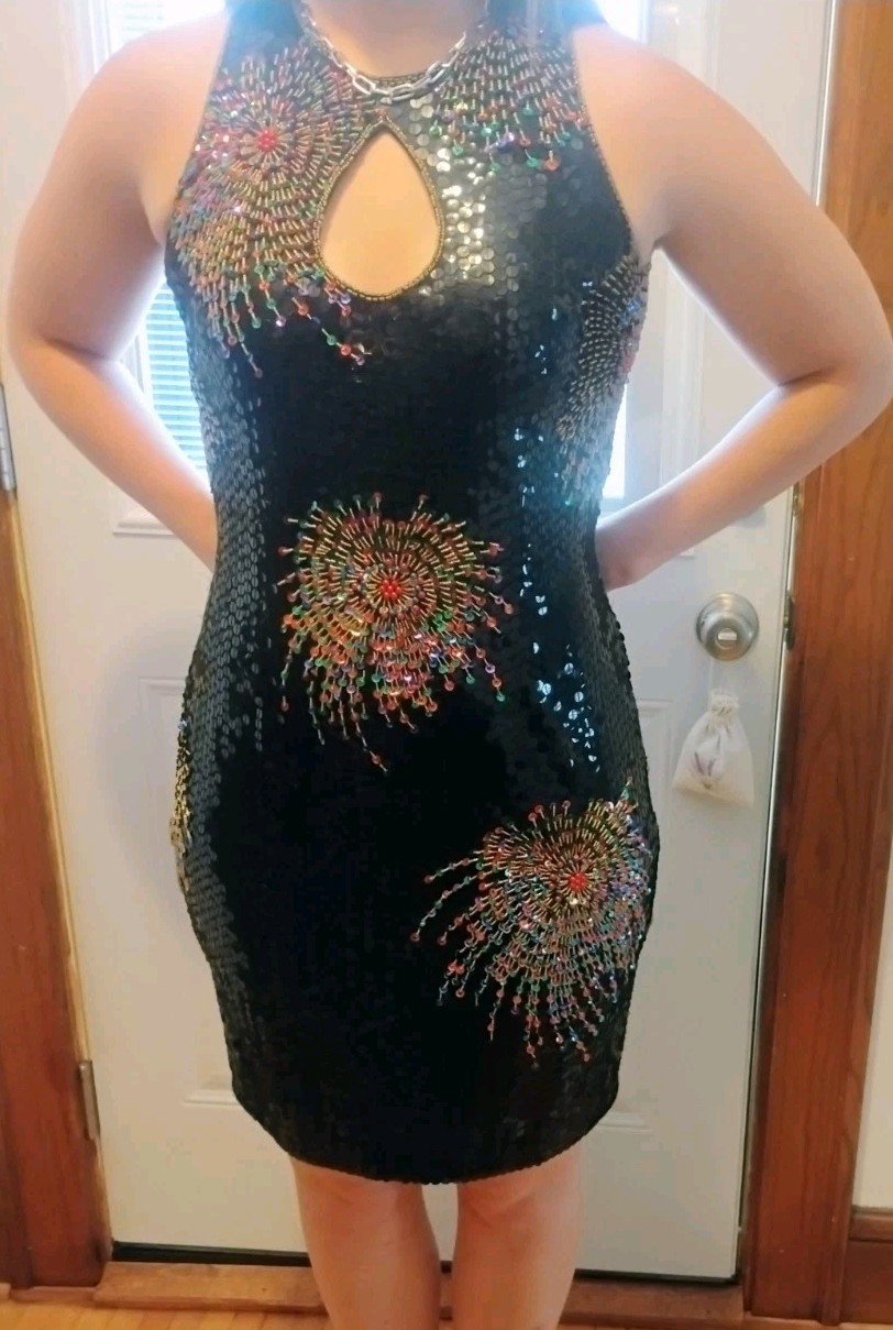 Vintage Nadine beaded sequin FIREWORKS Sleeveless party cocktail dress Medium