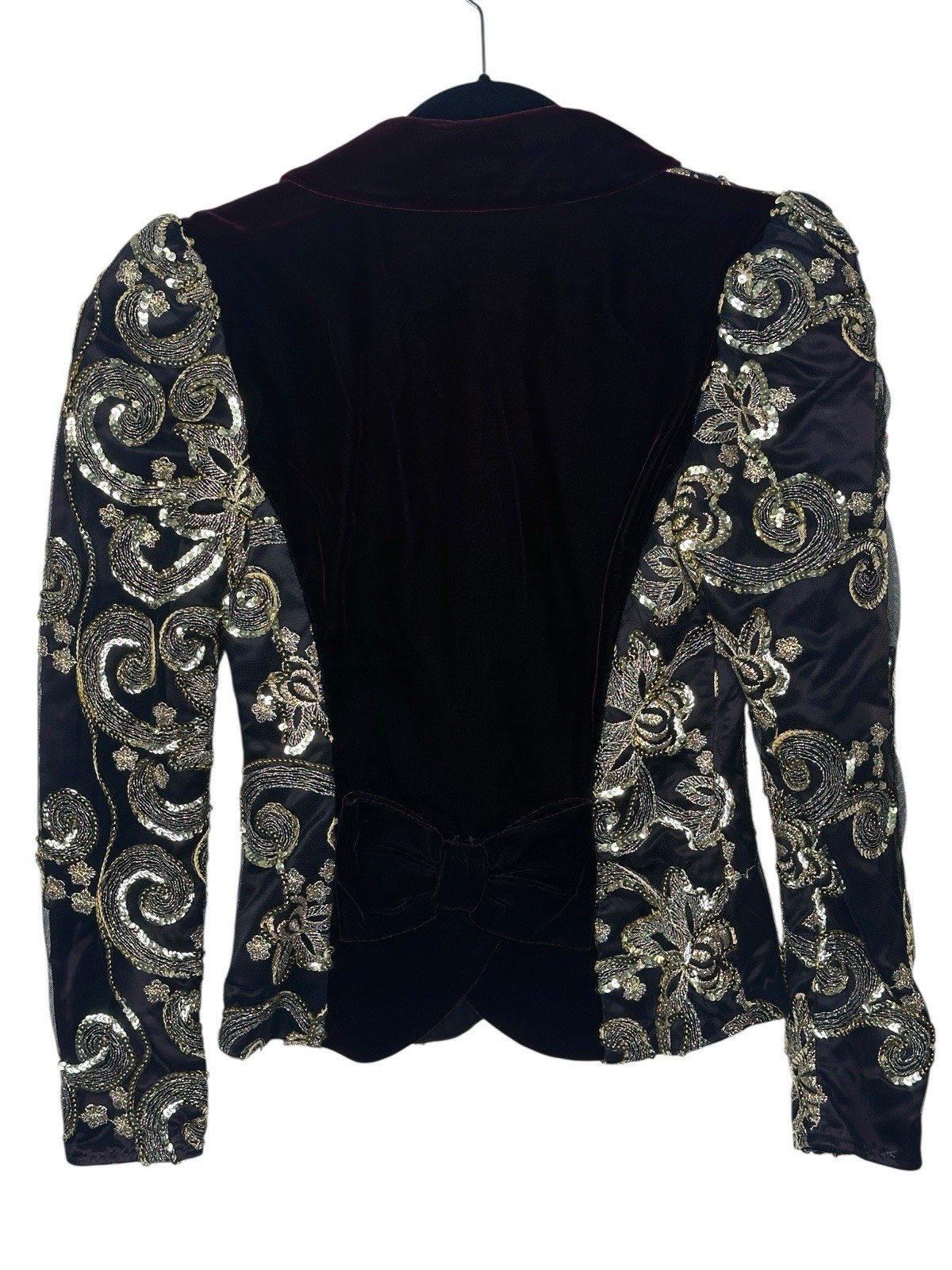 Jessica McClintock GOLD Metallic Sequin Velvet Bow Blazer Large 80’s Burgundy 3