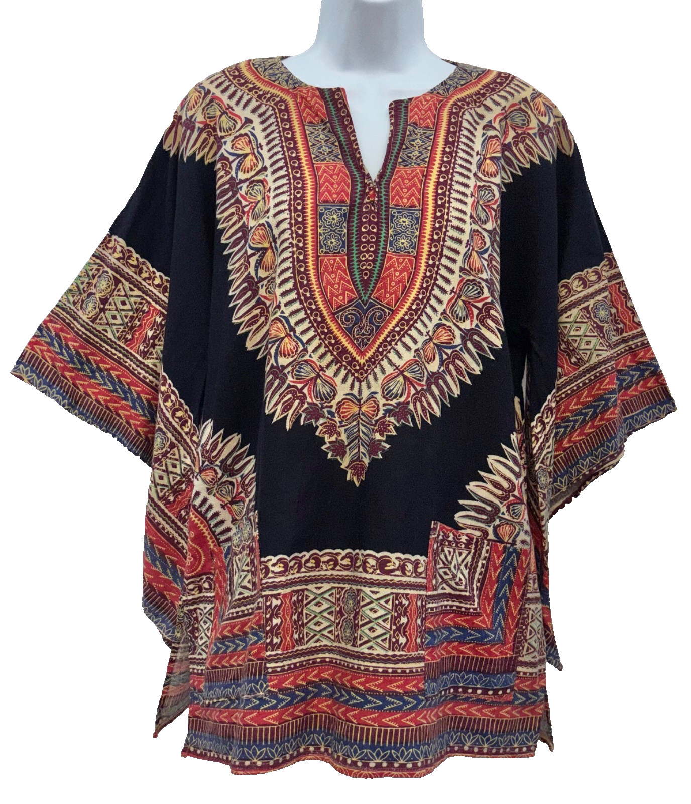 VTG Dashiki Women Size M Pullover 3/4 Bell Sleeve V-Neck Tunic Top Front Pockets