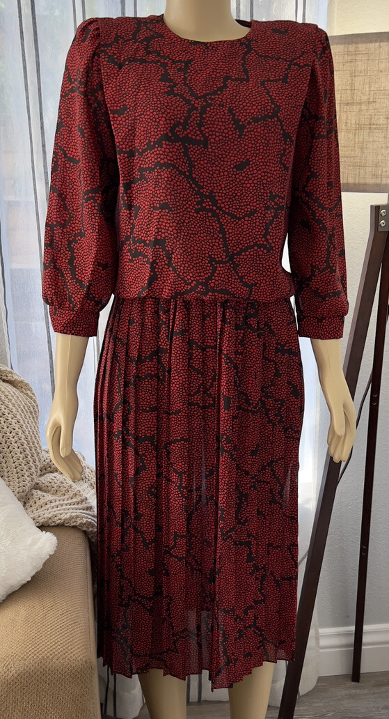Vintage 80s REO Red Floral Pleated Drop Waist Dress Size 6 Retro ILGWU EUC